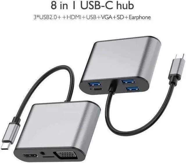 Alt view image 3 of 7 - Vszerda 8 in 1 USB-C / Type-C to 3 USB 3.0 + USB-C / Type-C + HDMI + VGA Interfaces HUB Adapter with Micro SD Card Slot & 3.5mm AUX