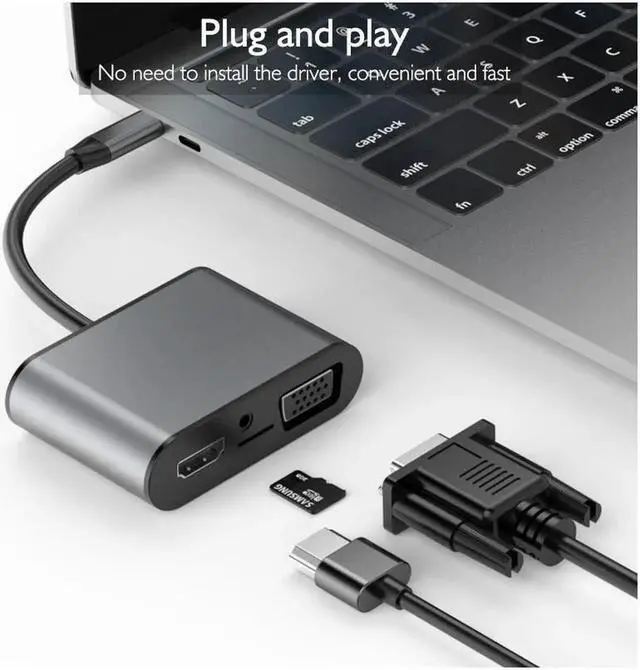 Alt view image 4 of 7 - Vszerda 8 in 1 USB-C / Type-C to 3 USB 3.0 + USB-C / Type-C + HDMI + VGA Interfaces HUB Adapter with Micro SD Card Slot & 3.5mm AUX