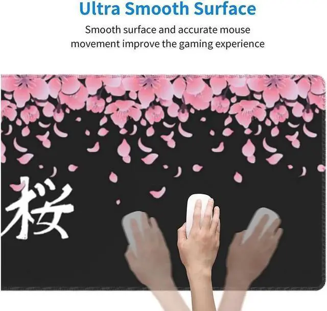 Alt view image 4 of 6 - Vszerda Sakura Extended Mouse Pad 31.5x11.8 Inch XL Japanese Word Cherry Blossom Flower Non-Slip Rubber Base Large Gaming Mousepad Stitched Edges Waterproof Keyboard Mouse Mat Desk Pad for Office Home