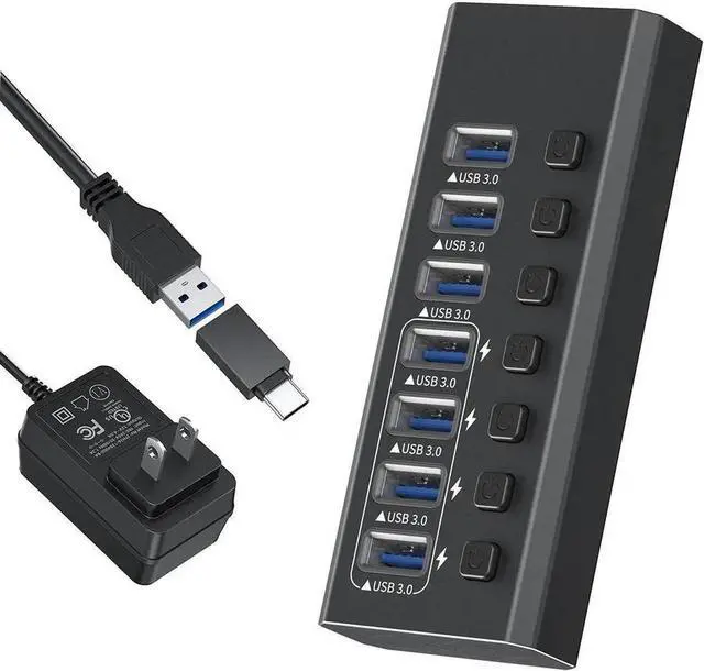 Main image of Vszerda Powered USB Hub, 7-Port USB 3.0 Hub with 24W Power Adapter, Aluminum USB Splitter Including 7 Port 5Gbps USB-A 3.0 Ports for PC, Laptop and More