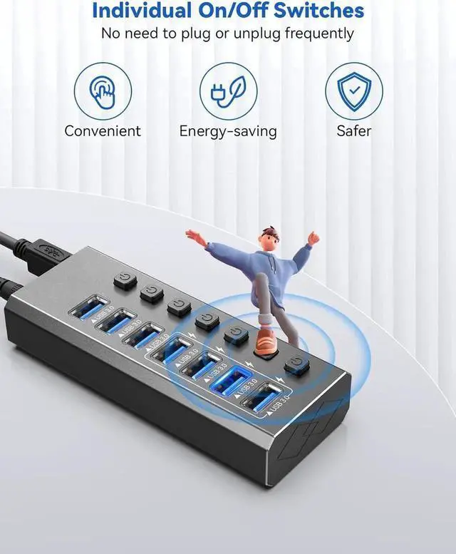 Alt view image 6 of 7 - Vszerda Powered USB Hub, 7-Port USB 3.0 Hub with 24W Power Adapter, Aluminum USB Splitter Including 7 Port 5Gbps USB-A 3.0 Ports for PC, Laptop and More