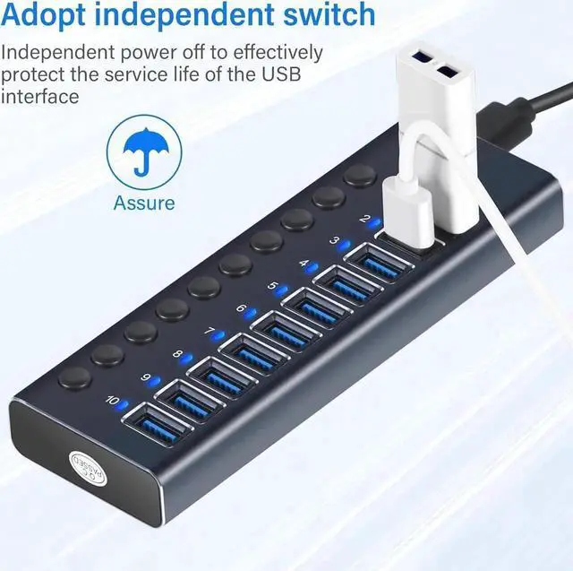 Alt view image 2 of 7 - Vszerda Powered USB 3.0 Hub, 10 Ports USB Data Hub Splitter Aluminum with Individual ON/Off Switches and 12V/5A Power Adapter USB Extension for Mouse, Keyboard, Hard Drive or More USB Devices