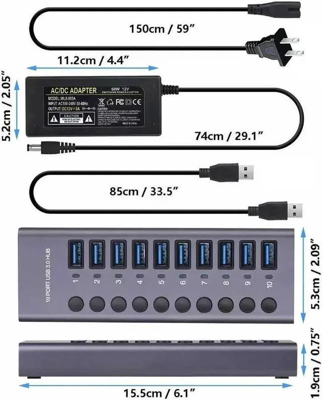 Alt view image 2 of 7 - Vszerda Powered USB Hub,10 Ports USB 3.0 Data Hub Aluminum, Individual On/Off Switches, 12V5A 60W Power Adapter, USB Hub 3.0 Splitter Extension for MacBook, Mac Pro/Mini, iMac, Laptop/PC