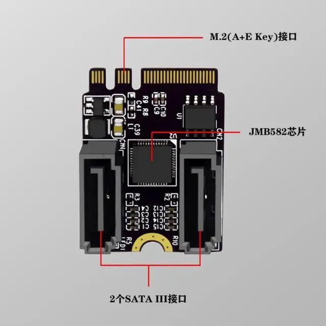 Alt view image 4 of 4 - Vszerda Riser Card M.2 (A+E Key) to 2-Port SATA3.0 Expansion Card Key A+E Wifi M.2 to SATA Adapter Card Drive JMB582