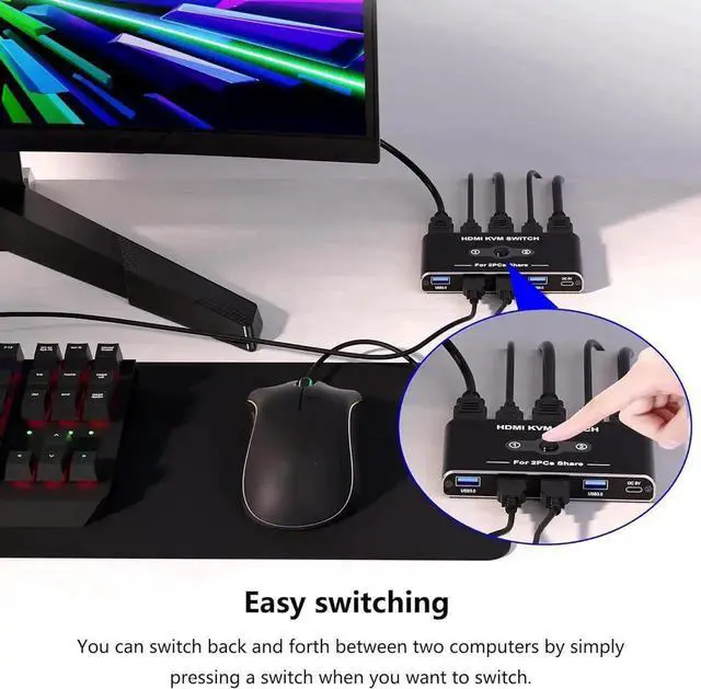 Alt view image 4 of 7 - Vszerda 2 Port HDMI KVM Switch 4K@60Hz, KVM Switches with 4 USB 3.0 Data Ports, HDMI KVM Switch 2 PC 1 Monitor Share Mouse, Keyboard, Printer, Include 2 HD-MI cables, 2 USB-A cable, 1 USB-C Cable