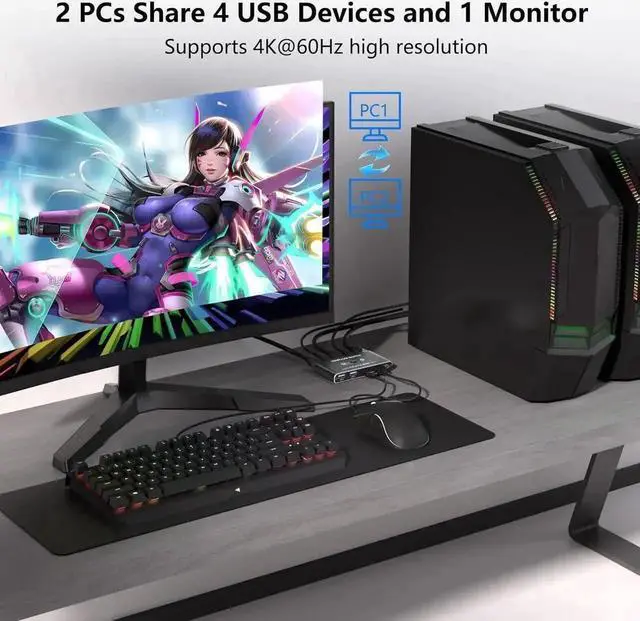 Alt view image 6 of 7 - Vszerda 2 Port HDMI KVM Switch 4K@60Hz, KVM Switches with 4 USB 3.0 Data Ports, HDMI KVM Switch 2 PC 1 Monitor Share Mouse, Keyboard, Printer, Include 2 HD-MI cables, 2 USB-A cable, 1 USB-C Cable
