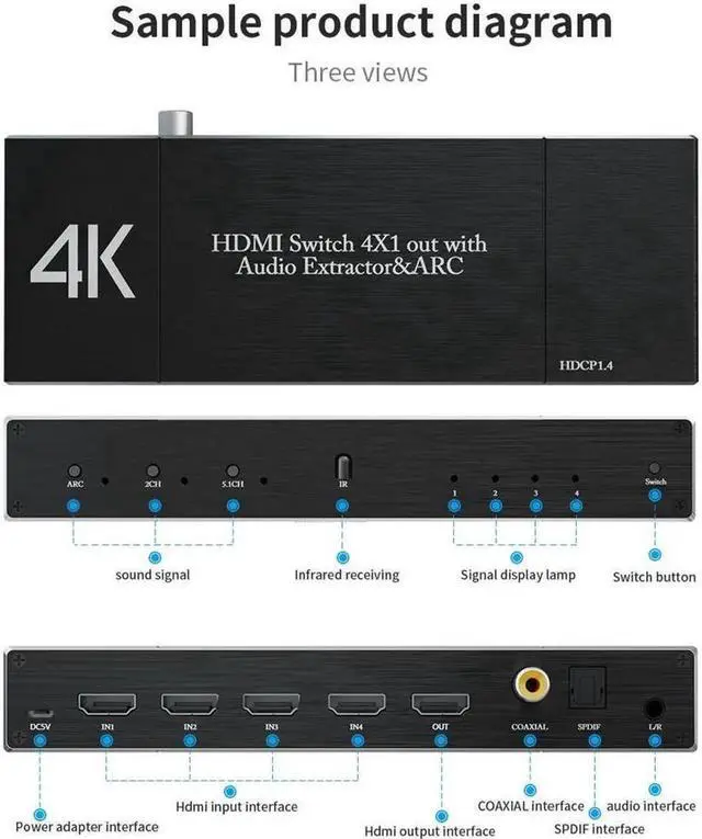 Alt view image 4 of 6 - Vszerda 4 in 1 Out HDMI Switch with Audio Extractor 4K 60Hz Optical + 3.5mm AUX + Coaxial Output HDMI Switcher Audio Splitter Converter IR Remote Support ARC HDCP2.2 1080P 3D Dobly Atmos