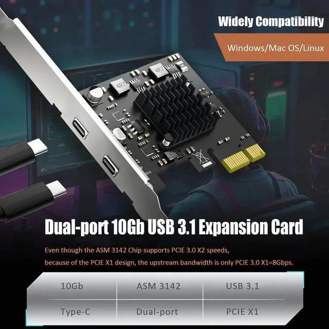 Alt view image 3 of 7 - Vszerda U3142CX1 2-Port 10Gb USB 3.1 Gen2 Type-C to PCIE X1 Expansion Card with ASM 3142 Chip, Regular and Low-profible Bracket