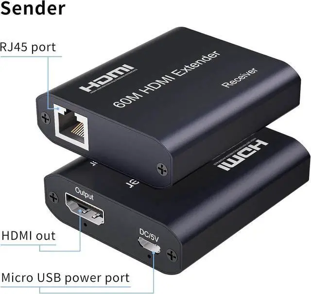 Alt view image 5 of 6 - Vszerda HDMI Extender Over Cat5e/6/7 196ft/60m, 1080p@60Hz UHD Udp Extender, 1 HDMI Over Ethernet, Supports HDCP 1.2 HDMI 1.3 EDID (Transmitter and Receiver)