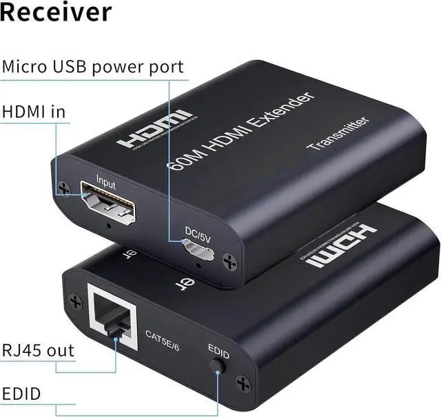 Alt view image 4 of 6 - Vszerda HDMI Extender Over Cat5e/6/7 196ft/60m, 1080p@60Hz UHD Udp Extender, 1 HDMI Over Ethernet, Supports HDCP 1.2 HDMI 1.3 EDID (Transmitter and Receiver)