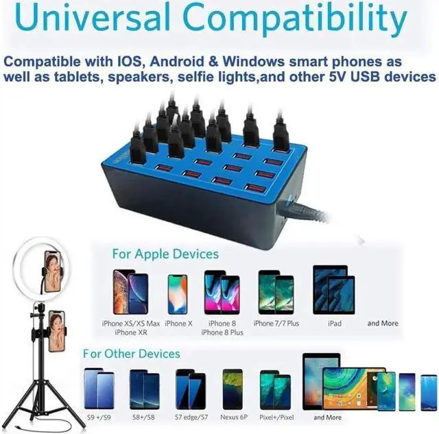 Alt view image 2 of 6 - Vszerda 24-Port 100 watt (20 A) USB Charging Station, Travel Desktop USB Rapid Charger, Multi Ports Fast Charger Station Organizer Compatible with Smartphones, Tables, and More Devices - Blue