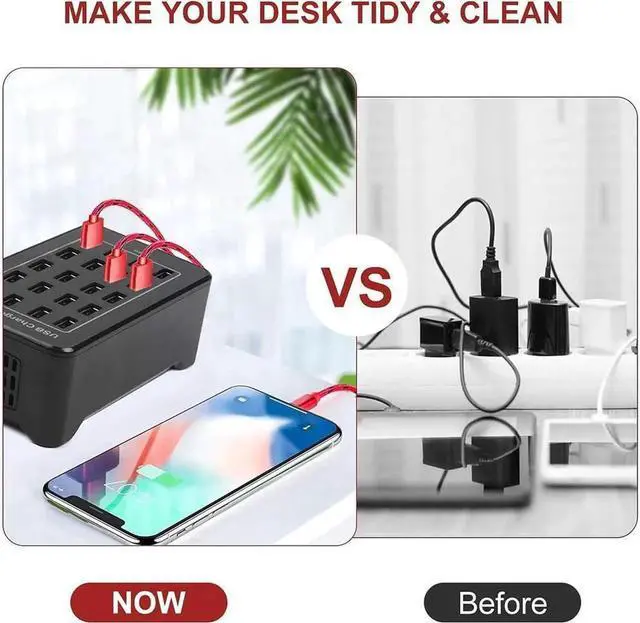 Alt view image 4 of 7 - Vszerda Multiple USB Charging Station, 20 Ports 100W(20A) Fast Charger Station with Power Switch, Desktop Charging Station for Multiple Devices Compatible with Cell Phones iPad Kindle Tablet - Black