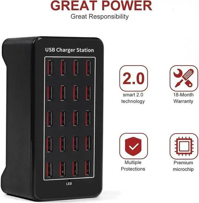Alt view image 7 of 7 - Vszerda USB Charging Station, 20 USB Fast Ports Charge Docking Station, Multi Device Charger Organizer Compatible with iPad, iPhone, Tablet and Cell Phone - Black