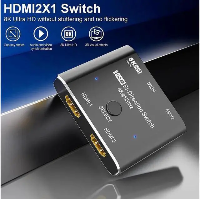 Alt view image 3 of 6 - Vszerda HDMI switcher hdmi Splitter 2 in 1 Out/1 in 2 Out Ultra 8K HD Bi-Directional Switch 8K@60Hz 4K@120Hz High Speed 48Gbps Switch 8K hdmi Splitter ps5 Support Xbox X PS5
