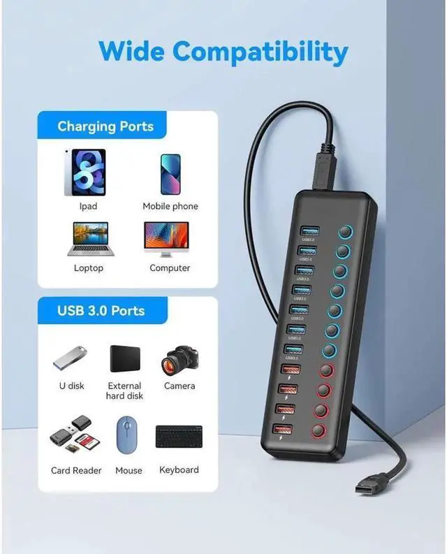 Alt view image 2 of 7 - Vszerda Powered USB Hub, 11-Port USB 3.0 Hub Splitter (7 USB 3.0 Data Ports + 4 Smart Charging Ports ) with Individual LED On/Off Switches, USB Hub 3.0 Powered with 24W AC Adapter for Mac, PC