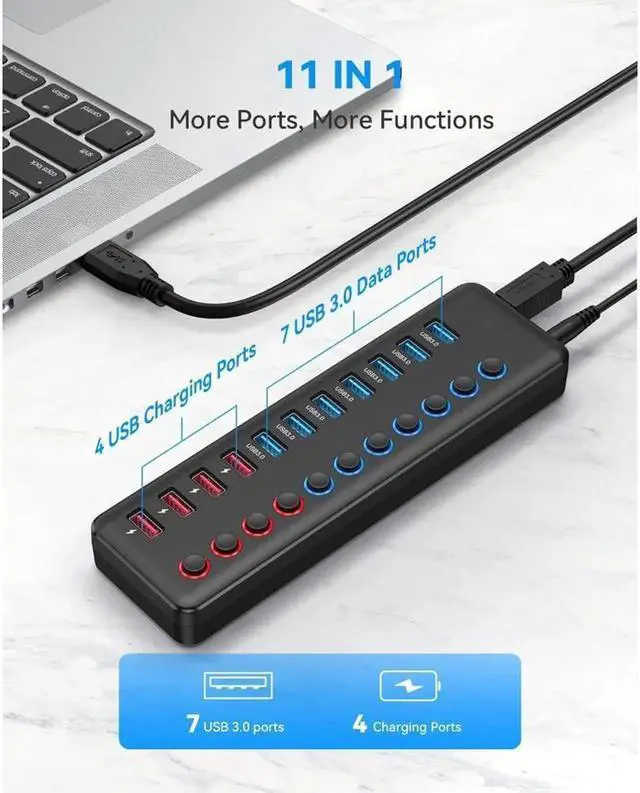 Alt view image 3 of 7 - Vszerda 11Ports USB Hub 7 Ports Super High Speed Data Ports and 4 Smart Charging Ports USB 3.0 Hub Splitter Black Smart Fast Charger Powered USB Hub for Laptop, Mac PC Mobile HDD Mulitple Devices