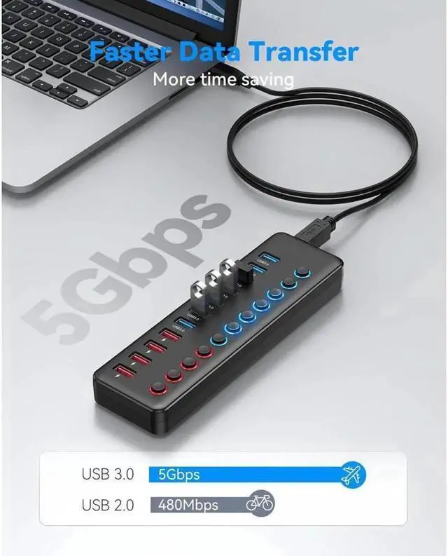 Alt view image 4 of 7 - Vszerda 11Ports USB Hub 7 Ports Super High Speed Data Ports and 4 Smart Charging Ports USB 3.0 Hub Splitter Black Smart Fast Charger Powered USB Hub for Laptop, Mac PC Mobile HDD Mulitple Devices