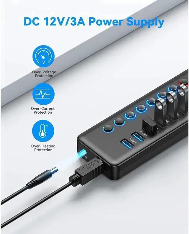 Alt view image 2 of 7 - Vszerda 11-Port Powered USB-A Hub 36W with 7 USB 3.0 Data Ports + 4 Smart Charging Ports, USB Splitter with Individual On/Off Switches for Laptop, Mac, PC, HDD, Mulitple Devices