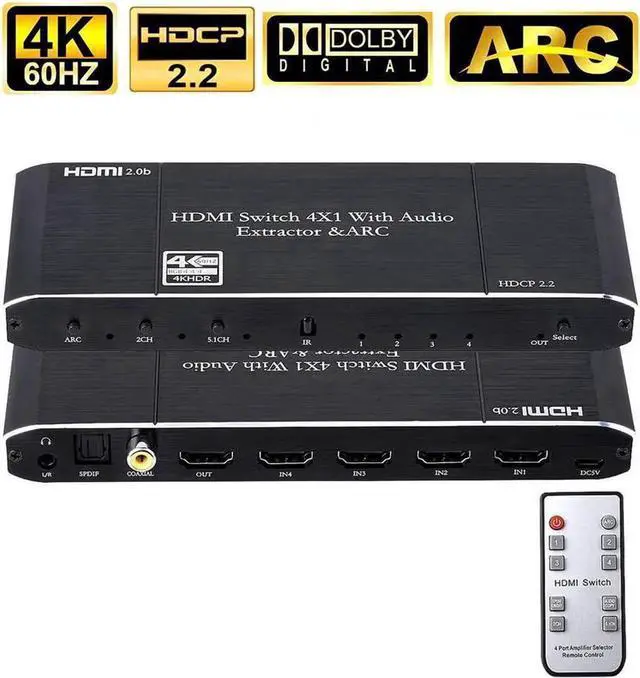 Main image of Vszerda HDMI Switch 4x1 with Audio Extractor, 4K@60Hz Ultra HD HDMI Switcher with Optical TOSLINK SPDIF, 3.5mm Audio,Coaxial Support ARC Function, 3D, 1080P @120Hz, 4Kx2k @60Hz HDTV with Remote
