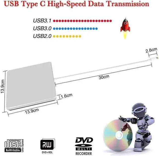 Alt view image 4 of 7 - Vszerda USB 3.0 & USB-C External DVD Drive with Case, Portable CD DVD RW Drive Burner Writer Optical Player for USB Type-C Windows Laptop Mac MacBook Pro Air iMac, Silver