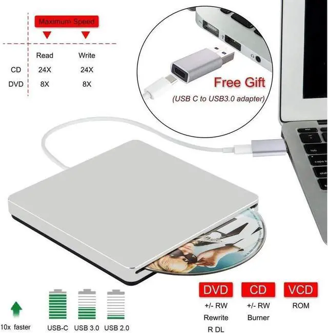 Alt view image 3 of 7 - Vszerda USB 3.0 & USB-C External DVD Drive with Case, Portable CD DVD RW Drive Burner Writer Optical Player for USB Type-C Windows Laptop Mac MacBook Pro Air iMac, Silver