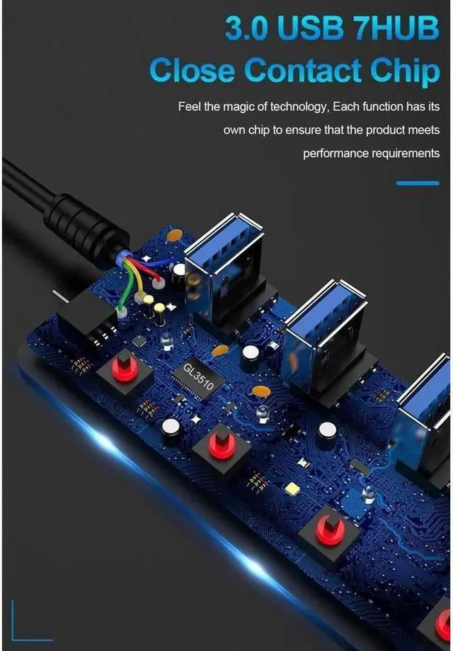 Alt view image 5 of 7 - Vszerda Powered USB3.0 Hub 7 Ports 24W Powered USB Hub with 4 Smart Charging port Aluminum USB Splitter with Individual On/Off Switches and 12V Power Adapter for PC Laptops MacBook Pro/Air iMac