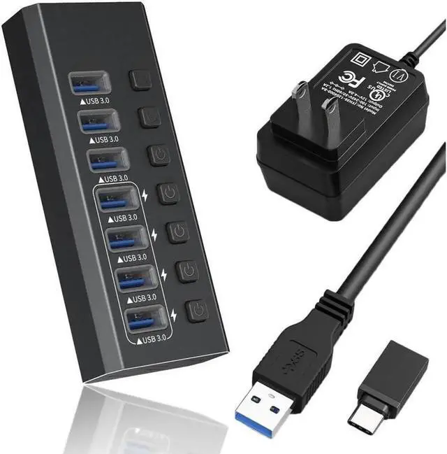Main image of Vszerda USB Hub 3.0 Powered, 7 Ports USB Data Hub Splitter with 4 Smart Charging Port and 12V Powered Adapter and ON/Off Switches for MacBook, Mac Pro/Mini, iMac, Surface Pro Laptop/PC