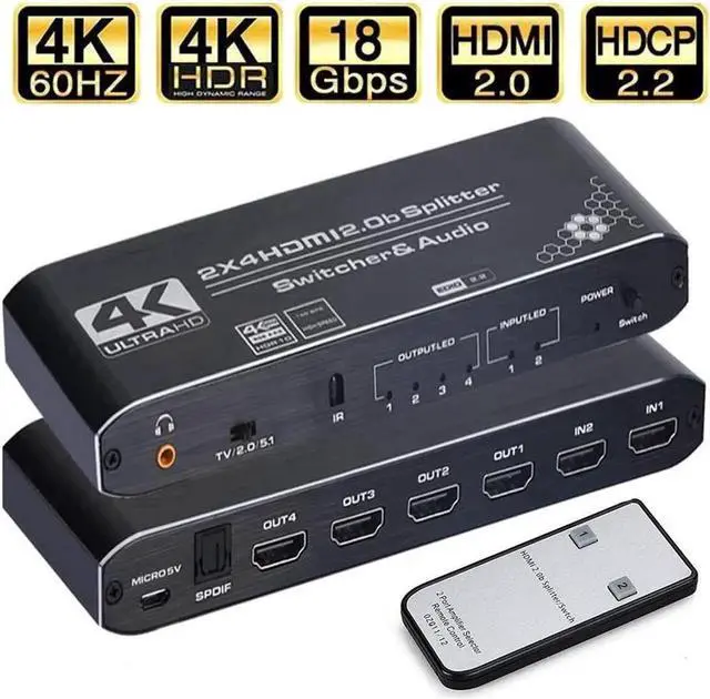 Main image of Vszerda 4K 60hz HDMI Switch Splitter 2 in 4 Out HDMI Switch HDMI Audio Extractor with IR Remote Support HDMI to Toslink SPDIF 3.5mm Audio Out Support 3D 4K 60hz for TV Box Apple TV DVD PS4 PS3