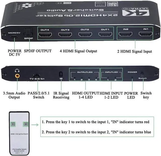 Alt view image 7 of 7 - Vszerda 4K 60hz HDMI Switch Splitter 2 in 4 Out HDMI Switch HDMI Audio Extractor with IR Remote Support HDMI to Toslink SPDIF 3.5mm Audio Out Support 3D 4K 60hz for TV Box Apple TV DVD PS4 PS3