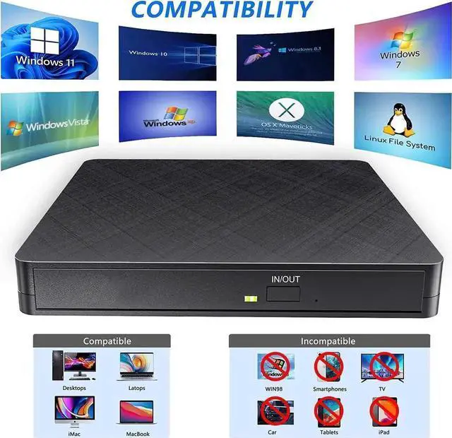 Alt view image 7 of 7 - 5 in 1 External CD DVD Drive, USB 3.0 & Type-C Portable CD DVD Burner with SD/TF Card Reader and 2 USB Ports, External Optical CD/DVD Drives for PC Desktop/Laptop/Linux/Mac/Windows 11/10/8/7 (Black)