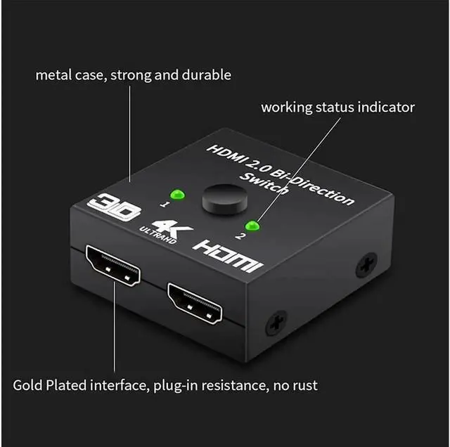Alt view image 3 of 7 - Vszerda 4K HDMI 4K 2 Ports Bi-Direction Switch, 2 x 1 / 1 x 2 Hub-HDCP Passthrough, Supports Ultra HD 4K, 3D, 1080P, 1080i, 720p, No power Source need - Black