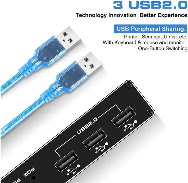 Alt view image 3 of 6 - Vszerda HDMI KVM Switch, 4K@60Hz 2x1 HDMI2.0 Ports + 3X USB KVM Ports, Share 2 Computers to one UHD Monitor, Support Wireless Keyboard and Mouse, USB Disk, Printer, USB Camera (Included 2 USB Cable)