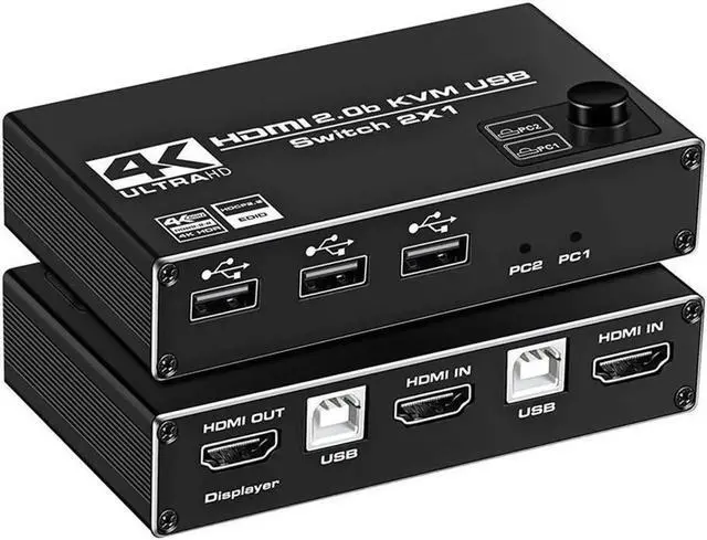 Main image of Vszerda HDMI KVM Switch, 4K@60Hz 2x1 HDMI2.0 Ports + 3X USB KVM Ports, Share 2 Computers to one UHD Monitor, Support Wireless Keyboard and Mouse, USB Disk, Printer, USB Camera (Included 2 USB Cable)