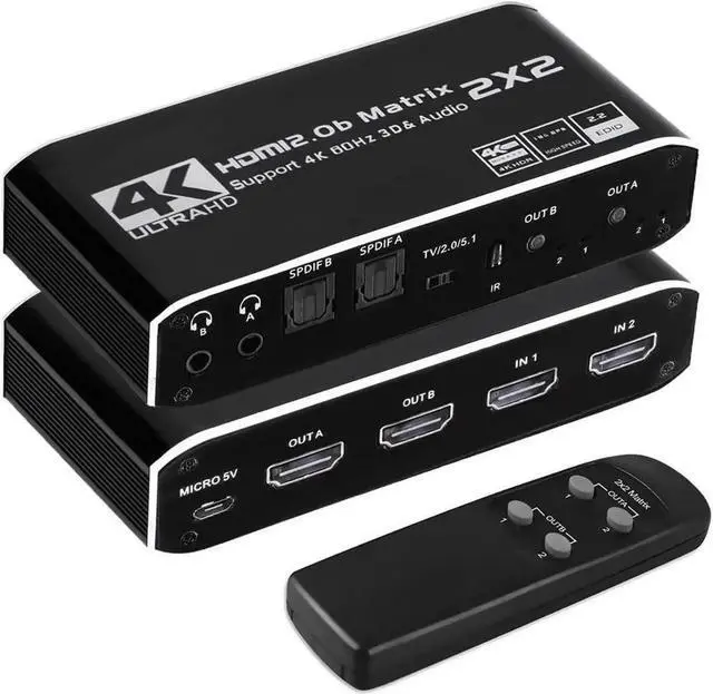 Main image of Vszerda 2x2 HDMI Matrix, 4K@60Hz 2 in 2 Out HDMI Switch Splitter with IR Remote, HDMI Matrix Switch+2xOptical + 2x3.5mm Audio Output, Support HDMI2.0 HDCP2.2 Auto Downscaler 3D Audio Extractor