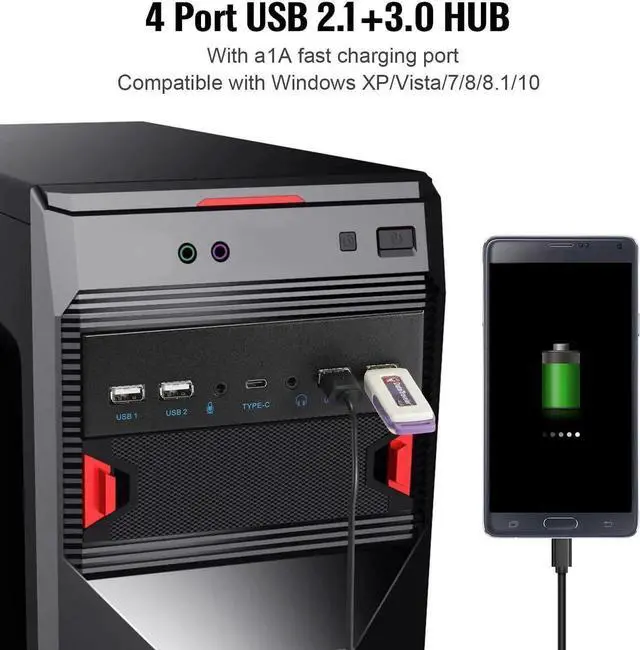 Alt view image 4 of 7 - Vszerda USB2.0 + 3.0 Metal Front, 5.25 inch 19Pin Front Panel Adapter, 4 USB 3.0 Port hubs and (1HD Audio Port / 1TPY-C Port / 1 Microphone Input)