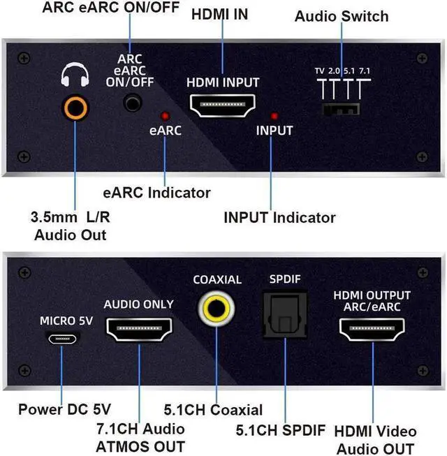 Alt view image 4 of 7 - Vszerda eARC HDMI 2.0 Audio Extractor, 4K@60HZ RGB8:8:8 HDR HDMI Splitter Audio Converter 4K HDMI to Optical TOSLINK SPDIF 7.1 3.5mm Audio Jack