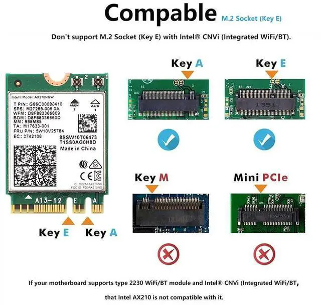 Alt view image 2 of 6 - Vszerda 3000Mbps WiFi 6E Intel AX210 Bluetooth 5.2 M.2 2230 Key E WiFi 6 Card 2.4G/5Ghz/6Ghz With IPEX4 Antennas Wireless AX210NGW 802.11ac/ax WiFi Adapter, Support Windows 10 Linux For Laptop Desktop