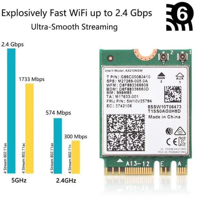 Alt view image 4 of 6 - Vszerda 3000Mbps WiFi 6E Intel AX210 Bluetooth 5.2 M.2 2230 Key E WiFi 6 Card 2.4G/5Ghz/6Ghz With IPEX4 Antennas Wireless AX210NGW 802.11ac/ax WiFi Adapter, Support Windows 10 Linux For Laptop Desktop