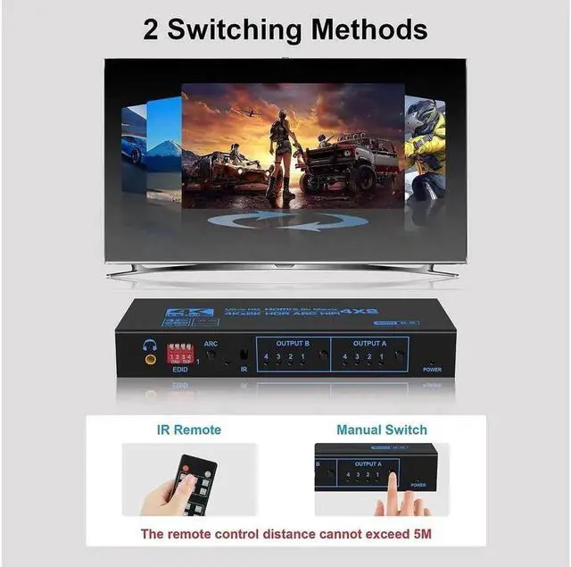 Alt view image 6 of 7 - Vszerda 4x2 Matrix Switch Splitter with SPDIF and 3.5mm HDR HDMI-compatible Switch 4x2 Support HDCP 2.2 ARC 3D 4K@60Hz for TV HDTV PS4 PS5 (OZJ2-1)