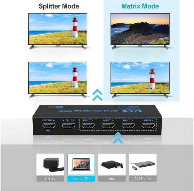 Alt view image 2 of 7 - Vszerda 4K@60Hz HDMI Matrix 4x2 Switch Splitter Support HDCP 2.2 IR Remote Control HDMI Switch 4x2 Spdif 4K HDMI 4x2 Matrix Switch with SPDIF and 3.5mm Output (OZJ2-1)