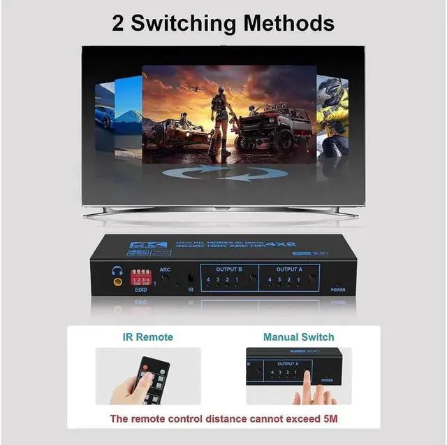 Alt view image 6 of 7 - Vszerda HDMI 2.0 Matrix 4x2 4K60Hz Switch Splitter HDCP2.2 EDID 4Kx2K HDR ARC HIFI HDMI Switcher SPDIF 3.5mm Stereo Audio (OZJ2-1)