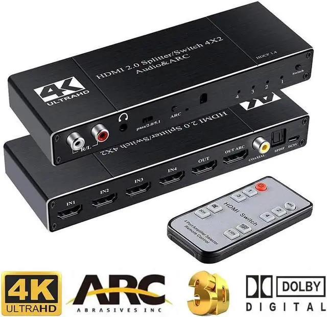 Main image of Vszerda HDMI Switch 4x2 with Audio Extractor 4K@60Hz Ultra HD HDMI Switcher with Optical TOSLINK SPDIF R/L 3.5mm Audio Coaxial Support ARC Function 3D 1080P@120Hz4Kx2k @60Hz HDTV(Remote Control)