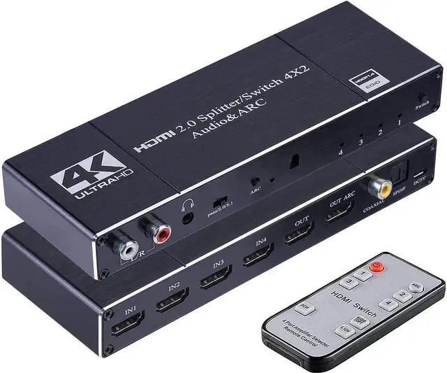 Main image of Vszerda 4In 2Out HDMI Switch Audio Extractor with Remote Control HDMI 2.0b Switcher with Optical TOSLINK SPDIF R/L 3.5mm Audio Coaxial Out Support ARC Function 6Gbps 4Kx2K@60Hz 3D HDCP 2.2 HDMI