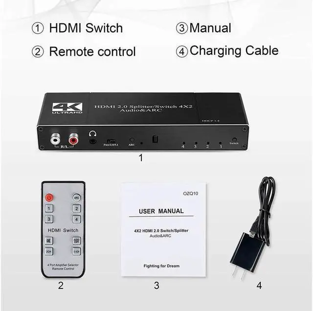Alt view image 7 of 7 - Vszerda 4In 2Out HDMI Switch Audio Extractor with Remote Control HDMI 2.0b Switcher with Optical TOSLINK SPDIF R/L 3.5mm Audio Coaxial Out Support ARC Function 6Gbps 4Kx2K@60Hz 3D HDCP 2.2 HDMI