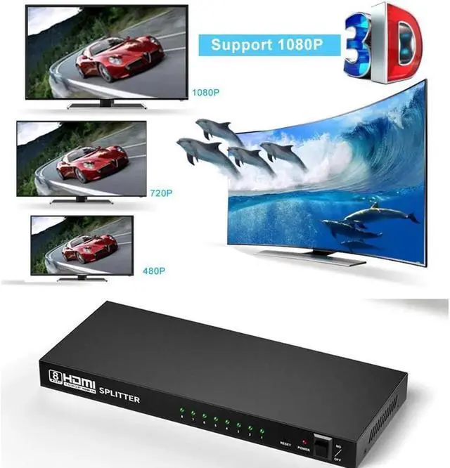 Alt view image 6 of 7 - Vszerda 1080P HDMI Splitter 1 in 8 Out by Ultra HD 1080P 1x8 Ver. 1.4 HDCP, Power HDMI Supports 3D Full HD 1080P for Xbox, PS4 PS3 Fire Stick Blu Ray Apple TV HDTV - Adapter Included