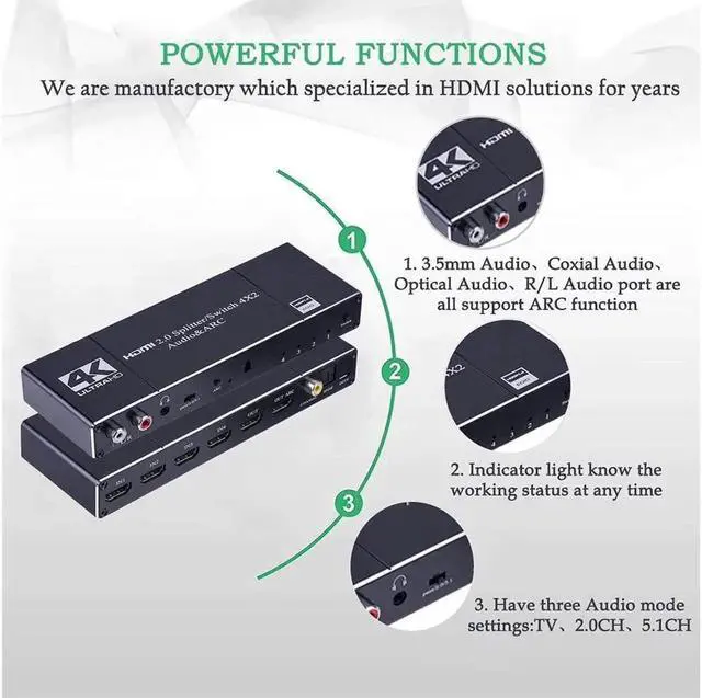 Alt view image 3 of 7 - Vszerda HDMI Switch 4x2 with Audio Extractor 4K@60Hz Ultra HD HDMI Switcher with Optical TOSLINK SPDIF, R/L 3.5mm Audio, Coaxial Support ARC Function HDCP 2.2 YUV4:2:0,EDID,HDR Remote Control