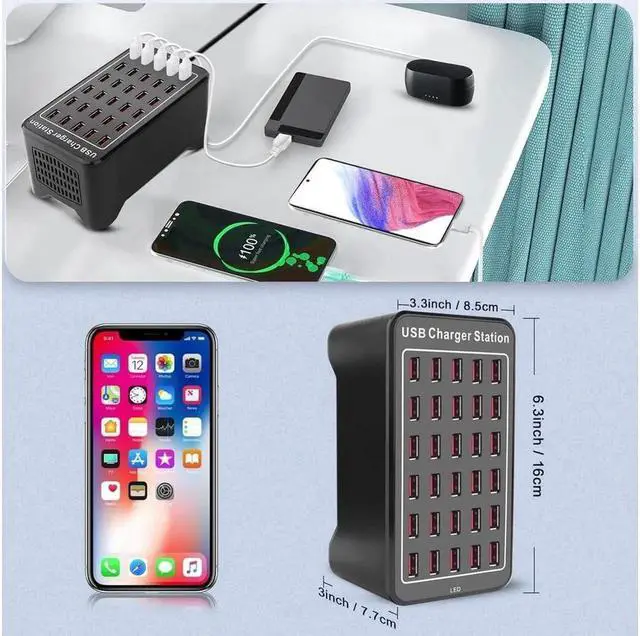 Alt view image 4 of 7 - Vszerda 20-Port 150 watt (30 A) USB Charging Station, Travel Desktop USB Rapid Charger, Multi Ports Fast Charger Station Organizer Compatible with Smartphones, Tables, and More Devices - Black