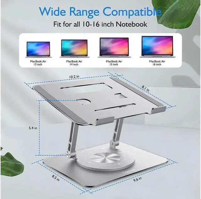 Alt view image 6 of 6 - Vszerda Laptop Stand with 360 Rotating Base for Desk, Metal Computer Riser, Heavy Stable PC Holder, Ergonomic Laptops Elevator for 10 to 16 Inches Notebook Computer tablet, Silver