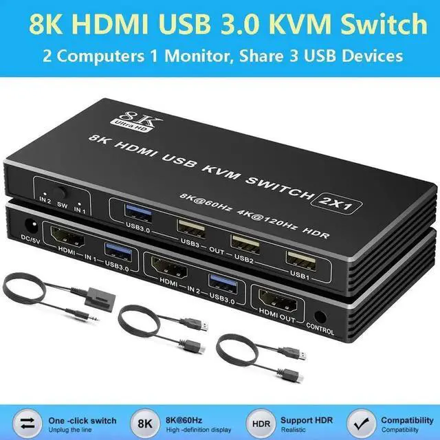 Main image of Vszerda 2 Port HDMI USB KVM Switch 1 Monitor 2 Computers, USB 3.0, 8K@60Hz, 2 in 1 Out HDMI KVM Switches for 2 Computers Share 1 Monitor, Keyboard,Mouse,Printer/Scanner, Desktop Controller included