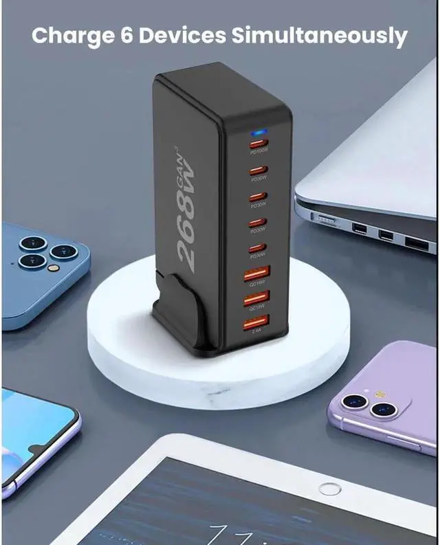 Alt view image 2 of 7 - Vszerda 8 Prots USB C 268W Fast Charger QC4.0 USB PD Muti Ports GaN Charger Mobile Phone Quick Charging Type C Wall for iPhone Xiaomi Samsung - Black